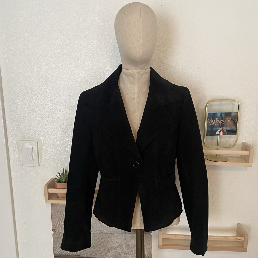 Anne Klein Black Genuine Suede Leather Blazer Jacket Womens Medium‎